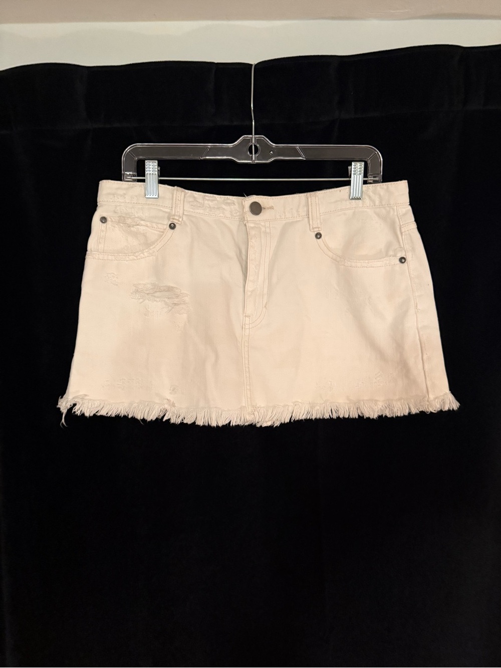 Free People Cream Frayed Hem Denim Mini Skirt